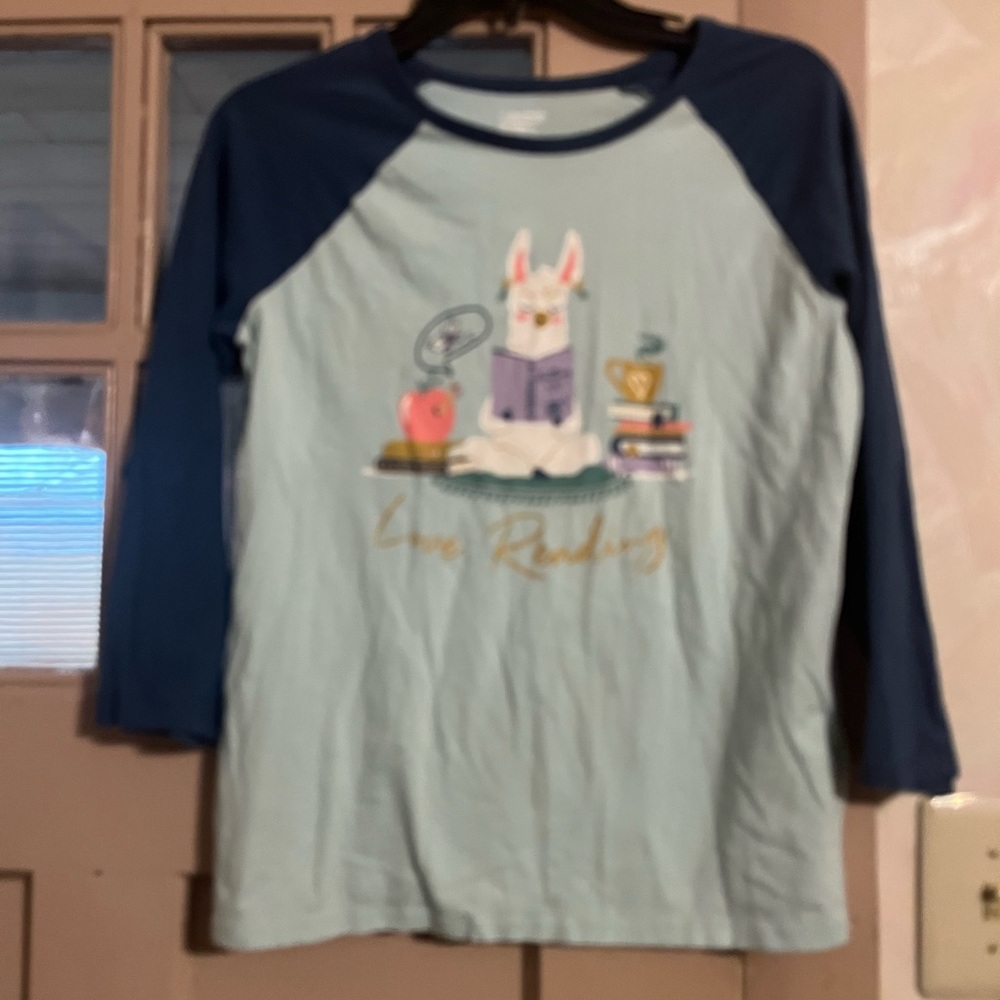 Lands' End Light Blue Tee with Navy Raglan Sleeves and Reading Llama
